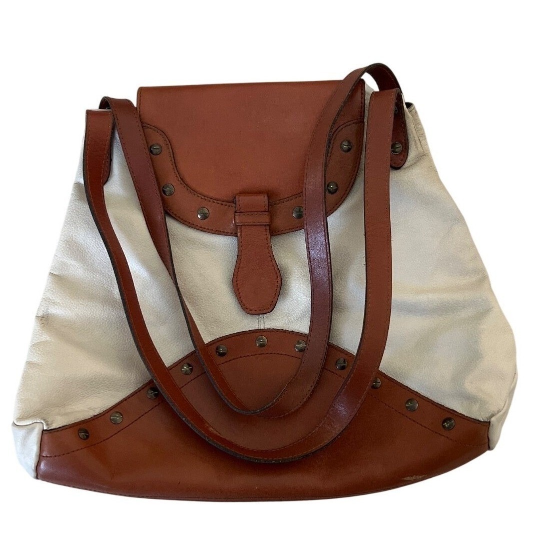 Borsani New York Two Tone Leather Shoulder Bag Purse 2 Strap Ivory Brown Western